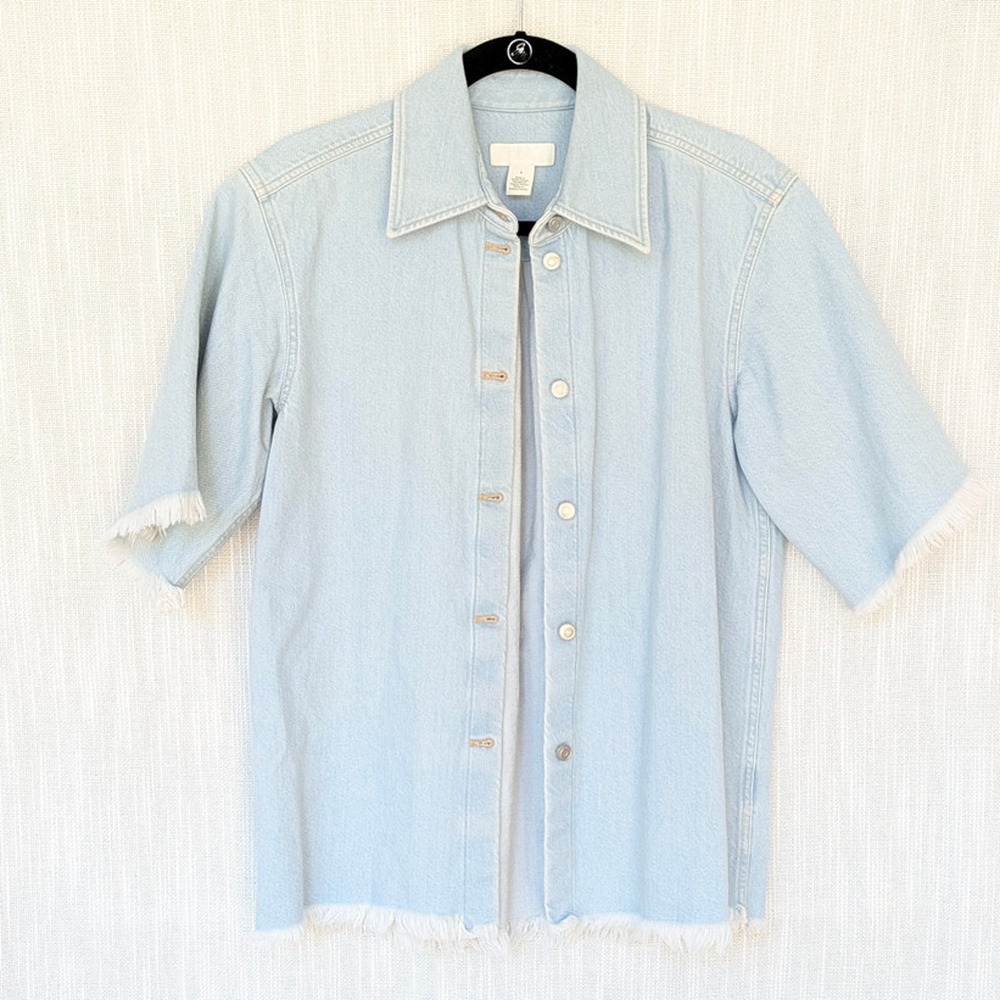 COS Frayed Short Sleeve Denim Shirt Light Blue Raw Hem Size 4 - Picture 3 of 11